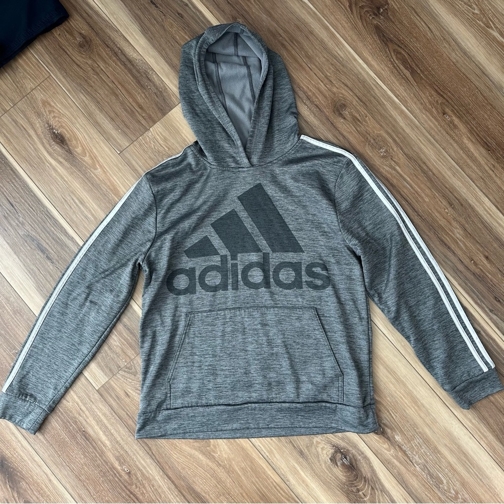 Adidas Pullover Hoodie with Pockets - Gray with White Strips Youth Size XL